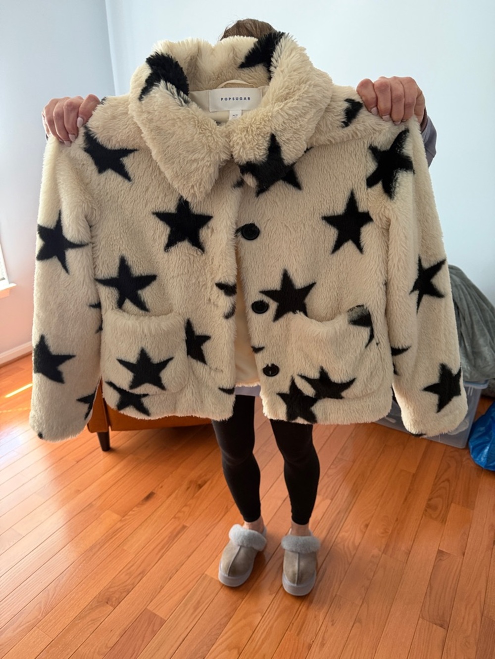 POPSUGAR Cream Faux Fur Coat with Black Accent